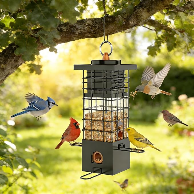 KRUOO Heavy Duty Metal Squirrel Proof Bird Feeder, 2.5LB Large Capacity, Weather Resistant, Easy Refill & Clean, Hanging Wild Bird Feeder