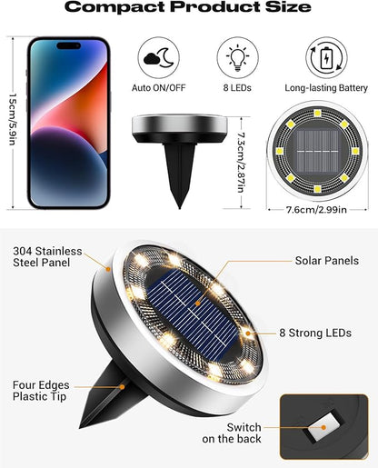 btfarm 10 Pack Solar Lights Outdoor, 8 LED Solar Ground Lights IP65 Waterproof Flat Solar Disc Light, Pathway Lights for Garden Lawn Patio Yard Path Landscape, Warm White