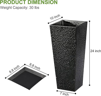 BAYN 2-Pack 24" Tall Metal Planter – Hand-Hammered Textured Large Black Flower Pots Box with Saucer for Outdoor&Indoor, Garden, Porch, Patio, Yard with Pre-Drilled Drainage Holes