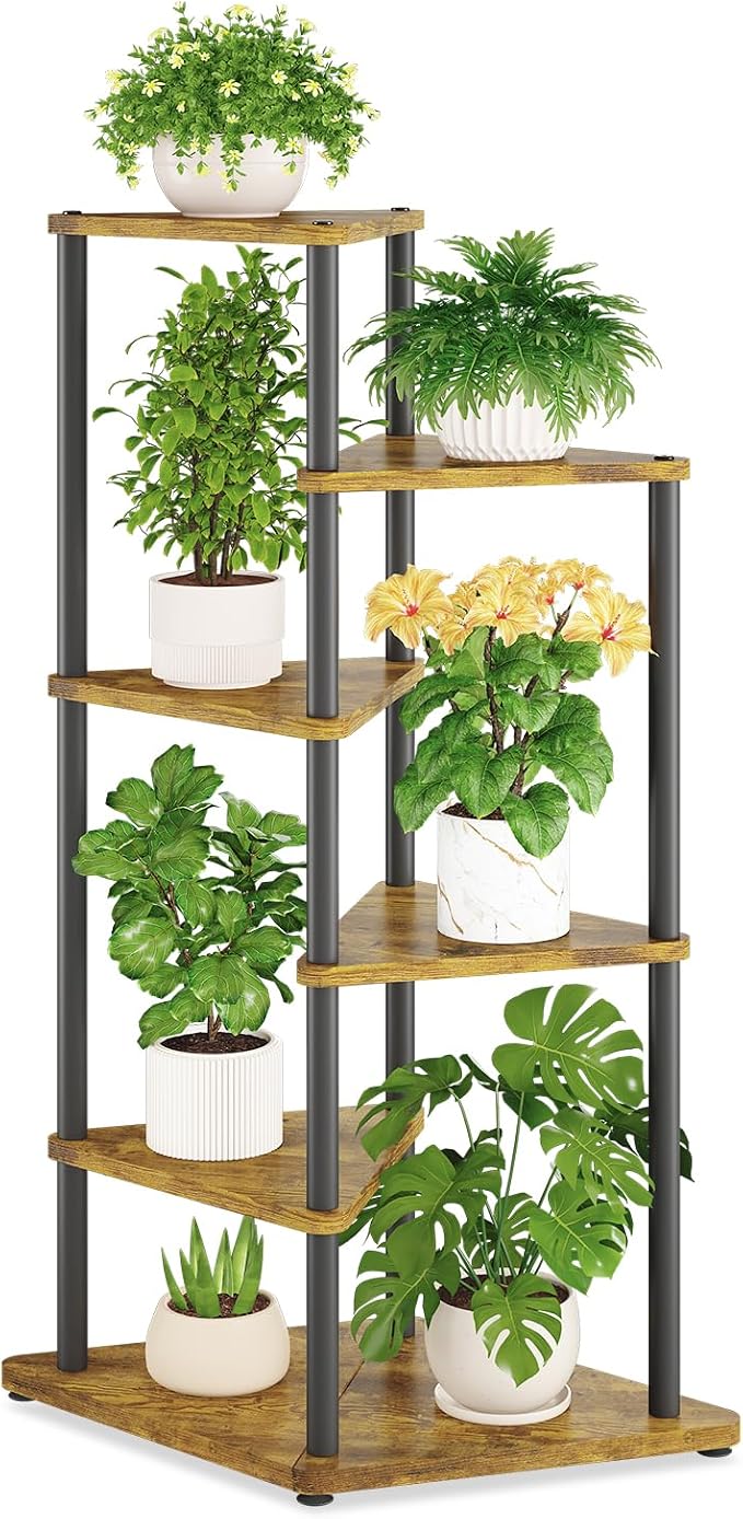 iDavosic.ly Tall Plant Stand Indoor for Large & Heavy Duty Planters, 5 Tier Corner Flower Shelf with Wooden Trays & Metal Frame, 41 Inch Orchid Rack for Living Room Balcony Porch, Black & Brown