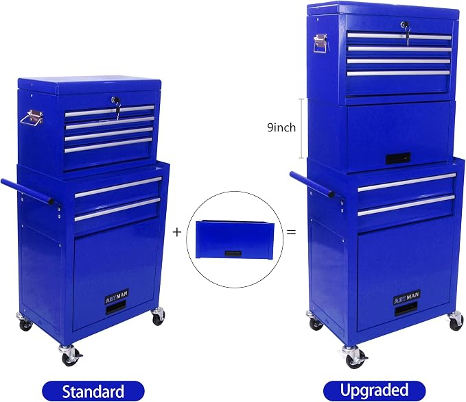 6-Drawer Tool Chest, Detachable Top Box for Garage, Blue | Rolling Mobile Storage Cabinet Organizer with Lockable Wheels for Workshop Utility, Heavy Duty Metal Construction