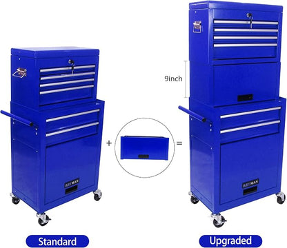 6-Drawer Tool Chest, Detachable Top Box for Garage, Blue | Rolling Mobile Storage Cabinet Organizer with Lockable Wheels for Workshop Utility, Heavy Duty Metal Construction
