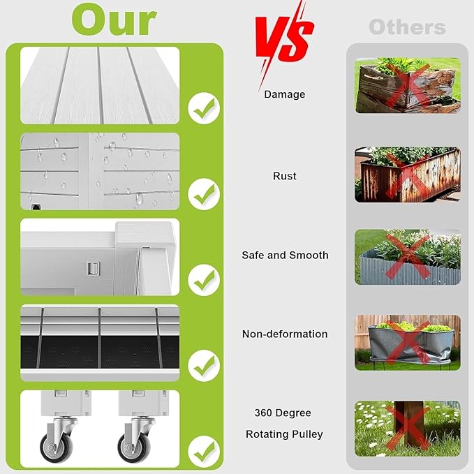PatioZen Raised Garden Bed with Trellis, 21 Gallon Self Watering Planter Box with Lockable Wheels & Drainage Holes for Climbing Plants Vegetables Flowers, Anti-Rust Resin for Backyard Patio (Ashen)