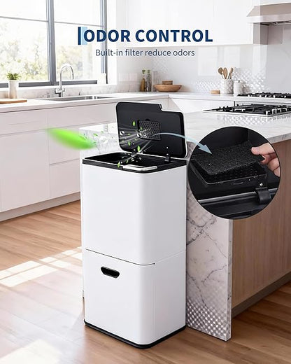 GarveeHome 16 Gallon Dual Trash Can for Kitchen, 2 Compartment Stainless Steel Garbage Can, 33L+28L Kitchen Recycling Bin with Compost Caddy, Removable Inner Bucket & Odor Control, White