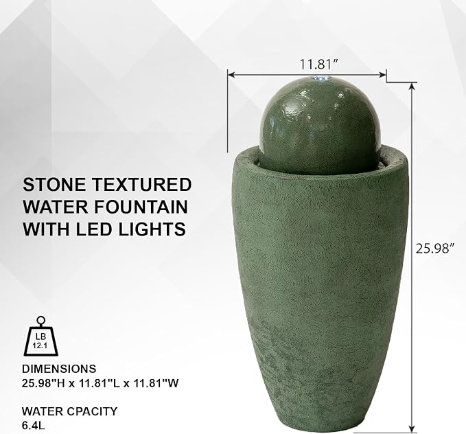 XBrand 25.98" Modern Sphere Water Fountain with LED Light – Indoor Outdoor Stone Texture Floor Fountain, Zen Bubbling Ball Water Feature for Garden Patio Porch