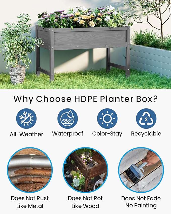 Weatherproof Raised Garden Bed, HDPE Outdoor Elevated Planter Box with Legs, Garden Box, Flower Beds for Patio, Deck, Balcony (Grey)