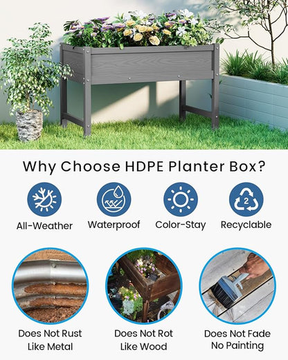 Weatherproof Raised Garden Bed, HDPE Outdoor Elevated Planter Box with Legs, Garden Box, Flower Beds for Patio, Deck, Balcony (Grey)