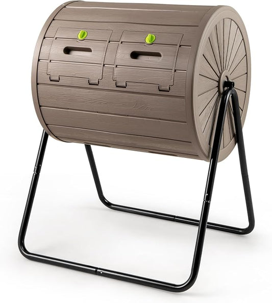 Goplus Compost Tumbler, 37.5 Gallon Large Outdoor Compost Bin w/Dual Chambers, 2 Lockable Doors, Efficient 360° Rotating Batch Composter for Garden Yard Farm Waste, Easy Assembly, BPA-Free (Coffee)