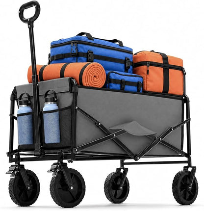DUMOS Collapsible Wagon Cart, Heavy Duty Foldable Utility Wagon with Lockable Brake Wheels – 330 lbs Capacity, Flexible Handle for Beach, Garden, Sports, Grocery & Camping, Gray