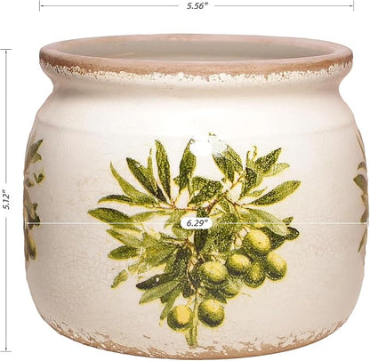 Xiaan Jiaju Mediterranean Ceramic Plant Pots with Olives Branches Pattern, 6.3 Inch Tuscan Planter for Indoor Plants, Rustic Farmhouse Home Kitchen Decor, Tuscan Vase for Centerpiece, Olive Green