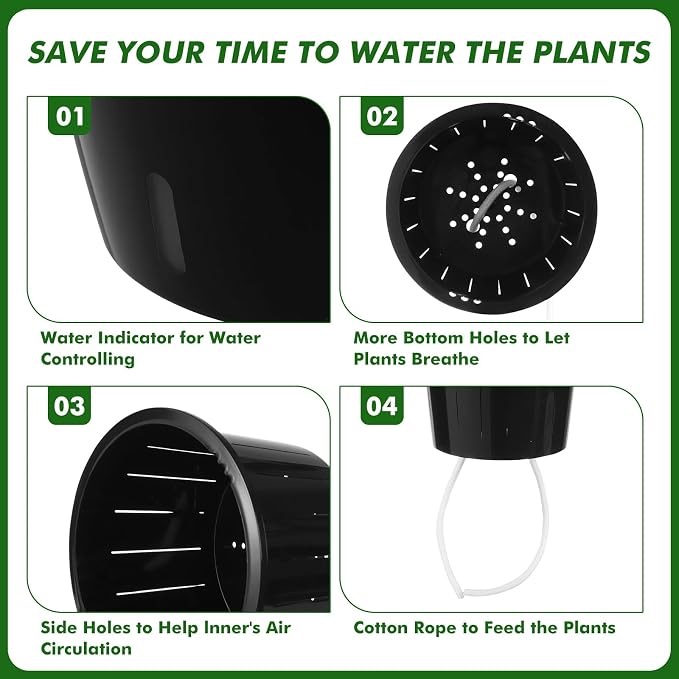 Planterhoma 6.7 Inch Self Watering Pots for Indoor Plants, 8 Packs Self Watering Planters for Orchid, Spider Plant, Devil's Ivy & African Violet, Water Indicator & Black Wick Pots, Black
