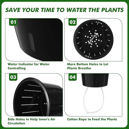 Planterhoma 6.7 Inch Self Watering Pots for Indoor Plants, 8 Packs Self Watering Planters for Orchid, Spider Plant, Devil's Ivy & African Violet, Water Indicator & Black Wick Pots, Black