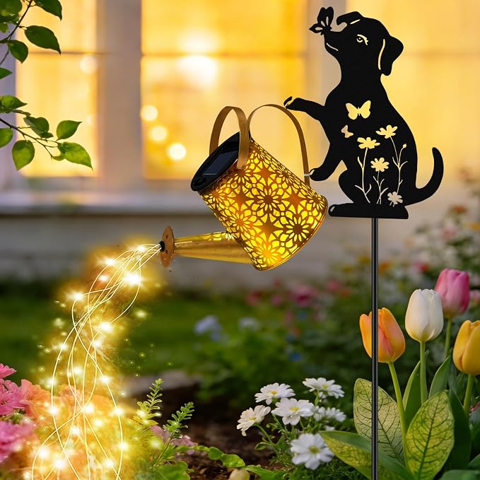 VOOKRY Solar Lights Outdoor,Watering Can with Dog Silhouette Stake | Garden Gifts for Mom,Women&Garden Lovers Waterproof Metal Garden Water kettle,Decorative Yard Patio Lawn Pathway Decor(1Pack)
