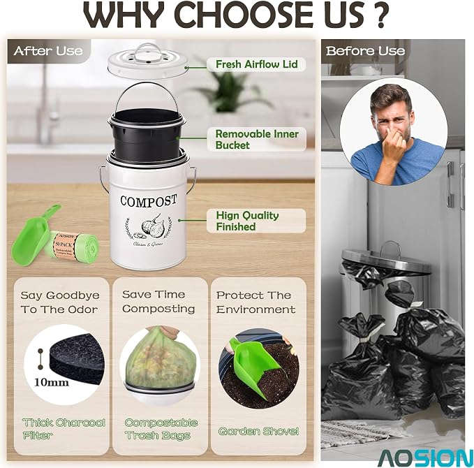 AOSION 1 Gallon Countertop Compost Bin for Kitchen with Lid,Odor Resistant | Farmhouse compost bin with charcoal filter,inner bucket and bags,easy kitchen food waste storage