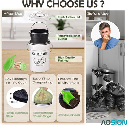 AOSION 1 Gallon Countertop Compost Bin for Kitchen with Lid,Odor Resistant | Farmhouse compost bin with charcoal filter,inner bucket and bags,easy kitchen food waste storage