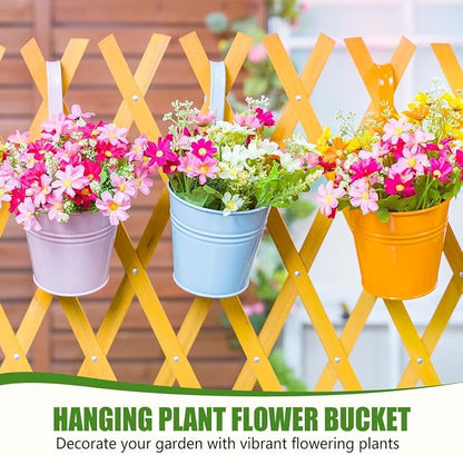 OBTANIM 12 Pack Metal Hanging Flower Pots Railing Planter Outdoor Fence Hanging Bucket Plant Holder with Detachable Hooks Drain Holes for Home Garden Yard Decor (Mixed Color, 4 x 4 Inch)