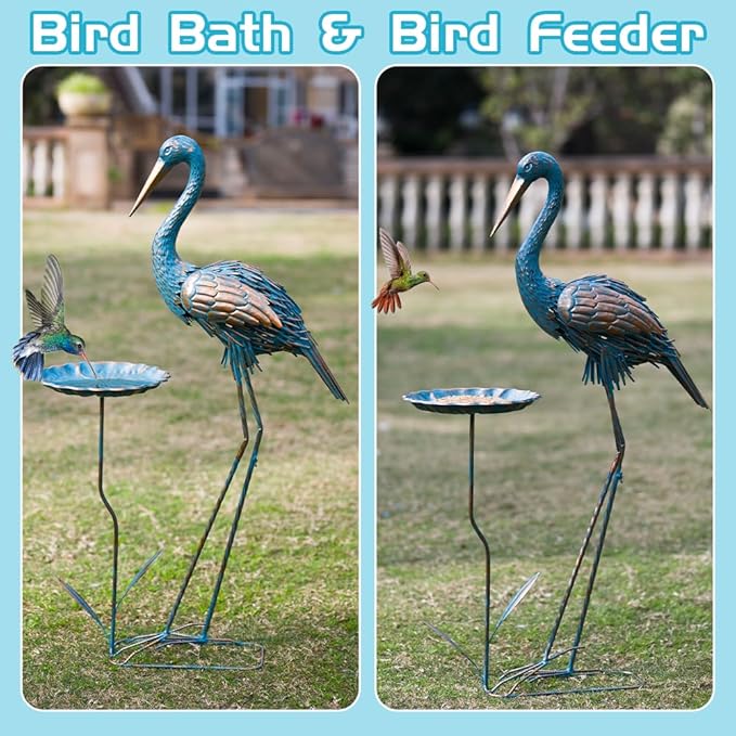 Metal Crane Garden Statue for Outside with Leaf Tray | Large Heron Outdoor Statues, Elegant Crane Yard Art Garden Decor for Garden Yard, Porch