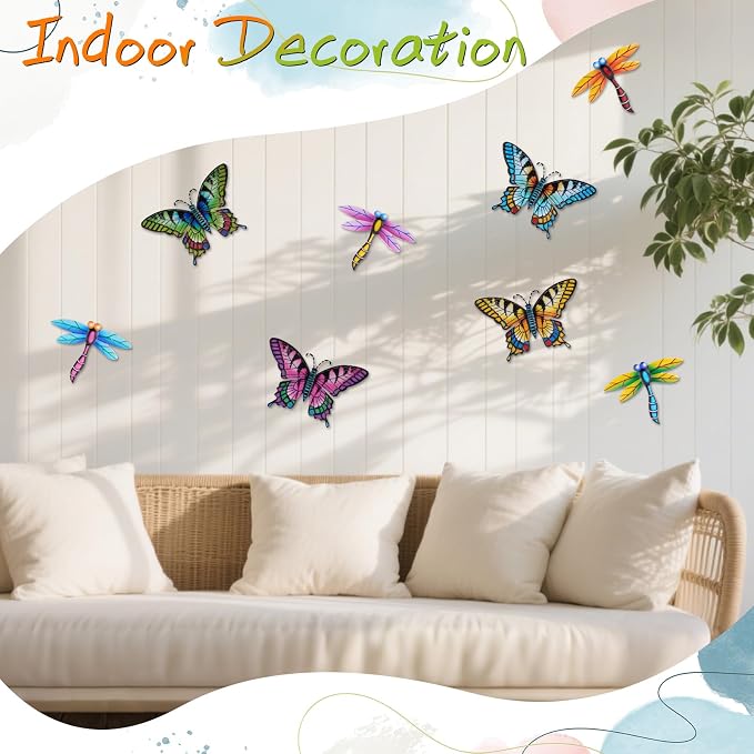 DEWEL 8 Pcs Metal Butterfly Dragonfly Wall Decor, Garden Decor for Outside Wall Art, Colorful Hanging Decorations Outdoor Wall Decor for Garden Fence Patio Yard, Great Gift Choice