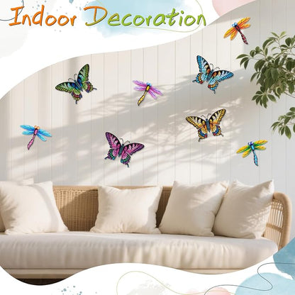 DEWEL 8 Pcs Metal Butterfly Dragonfly Wall Decor, Garden Decor for Outside Wall Art, Colorful Hanging Decorations Outdoor Wall Decor for Garden Fence Patio Yard, Great Gift Choice