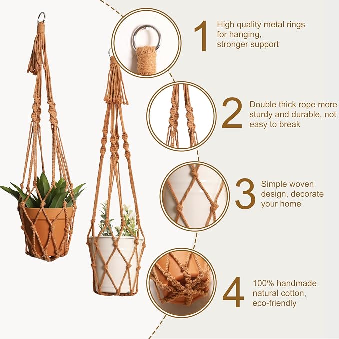 Artilady Macrame Hanging Planter for Indoor Plants Boho Plant Hanger Holder | Large Plant Holder, Hanging Baskets for Plants Outdoor, No Tassels, Farmhouse Rustic, Window Balcony Home Decor, 2 Pack