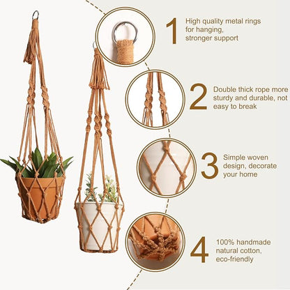 Artilady Macrame Hanging Planter for Indoor Plants Boho Plant Hanger Holder | Large Plant Holder, Hanging Baskets for Plants Outdoor, No Tassels, Farmhouse Rustic, Window Balcony Home Decor, 2 Pack