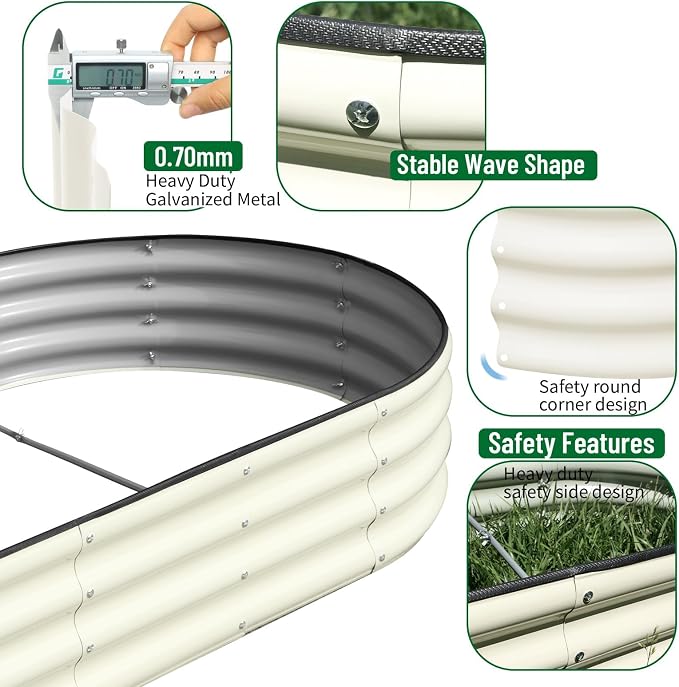 SnugNiture 2 Pcs 6x3x1ft Oval Metal Raised Garden Bed for Vegetables, White | Protective rubber edging strips thickened corrugated galvanized steel