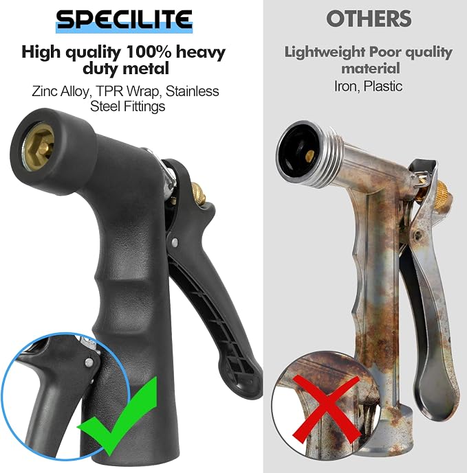 SPECILITE 3/4" Hot/Cold Garden Hose 150 ft with Industrial High Pressure Nozzle, Flexible & Lightweight, 600psi Burst Rubber Water hose -50℉-158℉ With 3/4" Brass Fittings for Yard, Black
