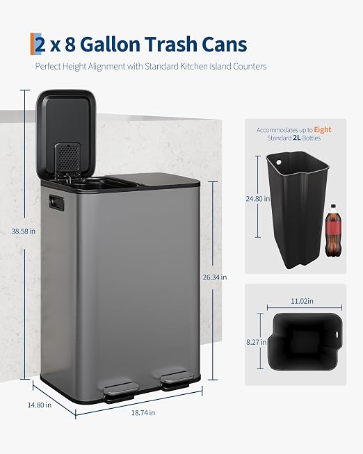 Dual Kitchen Trash Can 2x8 Gal Fingerprint-Proof Stainless Steel Matte Grey | 2 Removable Inner Buckets Step Pedal Soft-Close Lid 2x30L Double Compartment Garbage Can Recycling Bin Modern Kitchens