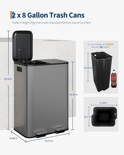 Dual Kitchen Trash Can 2x8 Gal Fingerprint-Proof Stainless Steel Matte Grey | 2 Removable Inner Buckets Step Pedal Soft-Close Lid 2x30L Double Compartment Garbage Can Recycling Bin Modern Kitchens