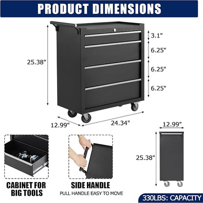 Rolling Tool Chest, 4 Drawers Tool Storage Cabinet with Wheels, Portable Tool Cabinet Organizer with Locking System & Drawer Liners,Universal Lockable Wheels, Tool Storage Cart for Garage, Workshop