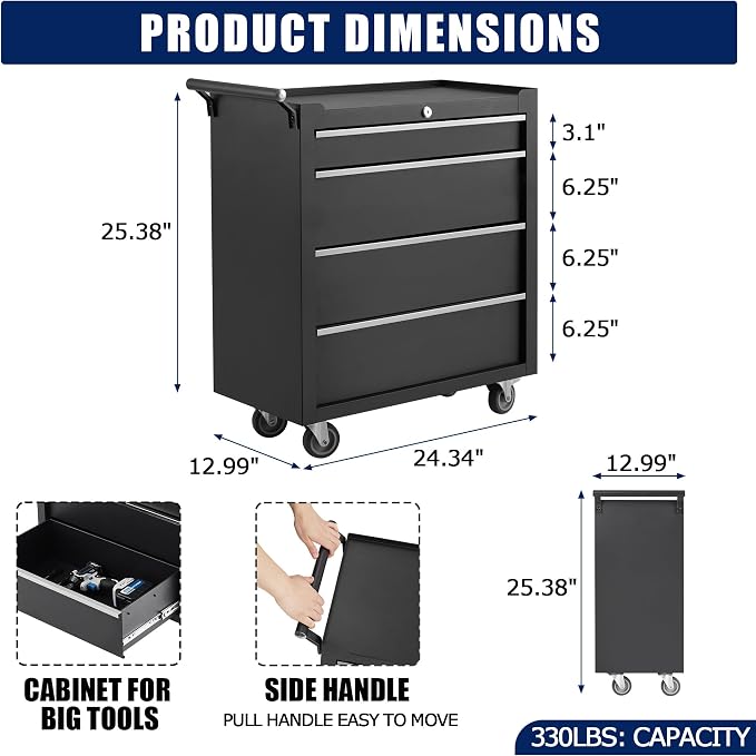 Rolling Tool Chest with Wheels, 4 Drawer Tool Storage Cabinet, Portable Toolbox Organizer with Lock, Heavy Duty Tool Chest Cart for Garage, Mechanic, Workshop, Shop, Mobile Tool Organizer, Black