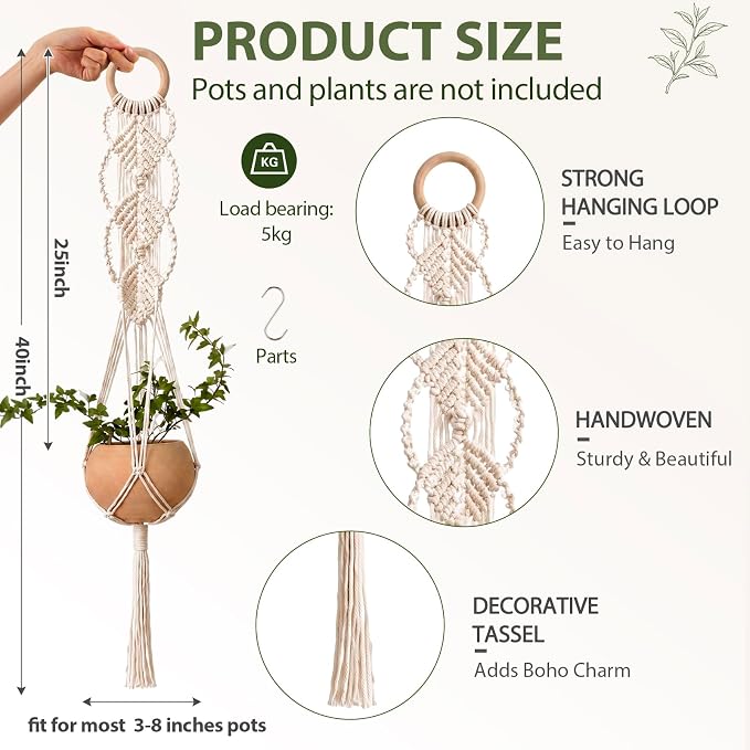 Shappy 1 Pack Boho Macrame Plant Hanger, Large Hanging Planter Plant Holder Pot Hanger Hanging Basket Wall Planters, Plants Lover Gift for Indoor Garden (Wooden Ring Macrame,Cream)
