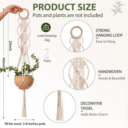 Shappy 1 Pack Boho Macrame Plant Hanger, Large Hanging Planter Plant Holder Pot Hanger Hanging Basket Wall Planters, Plants Lover Gift for Indoor Garden (Wooden Ring Macrame,Cream)