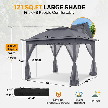 COOS BAY 11x11 Pop Up Gazebo with Mesh Netting, Instant Outdoor Canopy Tent, Water Resistant Shelter with UPF 50+ UV Protection, 121 Sq Ft Coverage, Dark Gray