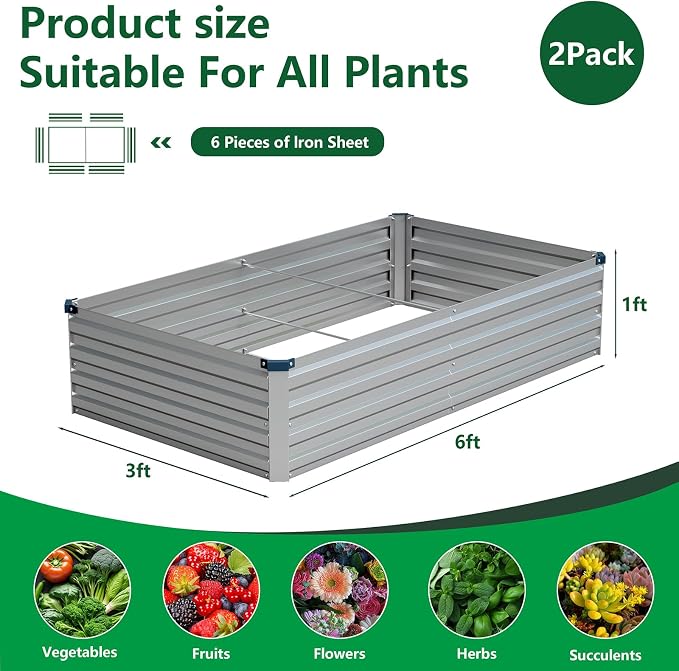 Vengarus 2PCS 6x3x1ft Galvanized Raised Garden Beds Kit,Planter Box Silver | Galvanized Steel, Rectangular Metal Planter Raised Beds, Vegetables, Herbs, Flowers, Easy Assembly, Rustproof Safe Backyard
