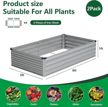 Vengarus 2PCS 6x3x1ft Galvanized Raised Garden Beds Kit,Planter Box Silver | Galvanized Steel, Rectangular Metal Planter Raised Beds, Vegetables, Herbs, Flowers, Easy Assembly, Rustproof Safe Backyard