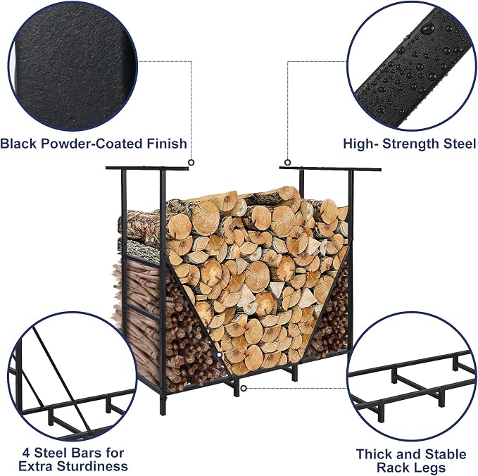 HONEST OUTFITTERS 4ft Firewood Rack Outdoor, Adjustable Heavy Duty Firewood Holder, Adjustable Wood Racks for Outdoor Indoor, Metal Log Racks for Firewood with Firewood Bag Carrier, Black