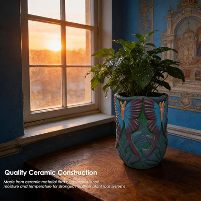 6.3 inch Green Ceramic Flower Pot with Butterfly Patterns,Indoor Outdoor Planter for Succulents Plants, Modern Home Garden Decor