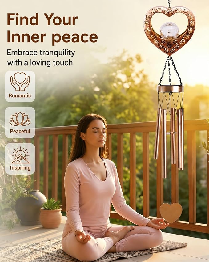 Nacome Solar Heart Wind Chimes for Outside: Weatherproof Metal Outdoor Decor Easy Hanging for Garden Patio Tree Window - Melodious Mother's Day Birthday Gifts for Mom Women Mom Grandma Her Wife