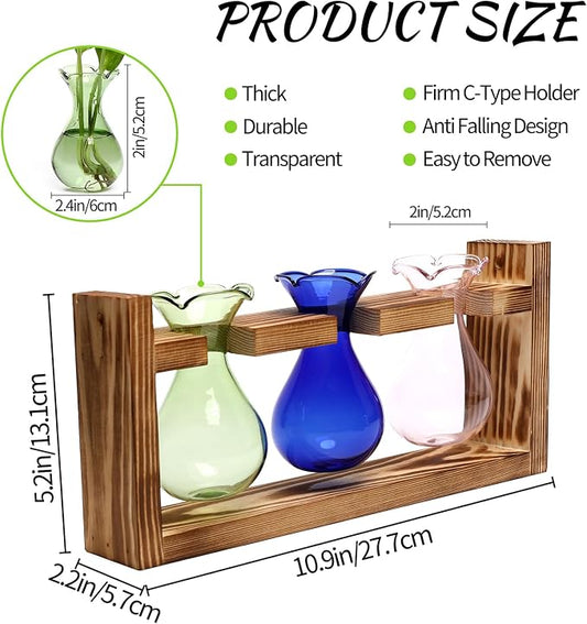 Plant Propagation Station Plant Terrarium Unique Birthday Gifts for Women | Plant Lovers Home Office Decor Planter with Wooden Stand - 3 Bulb Glass Vase
