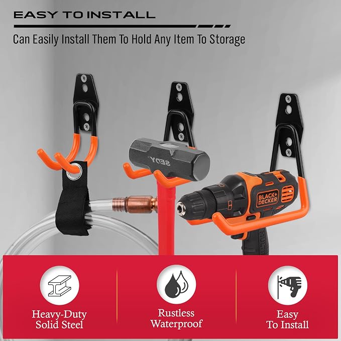 15-Piece Garage Wall Hooks with 3 Extension Straps, Orange Heavy Duty Tool Storage Rack for Ladder, Bike, Shovel, Garden Tools, Metal Wall Mount Organizer Set