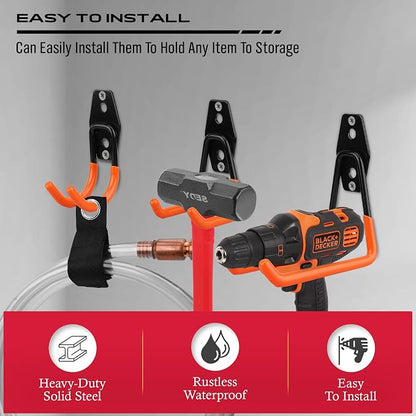 15-Piece Garage Wall Hooks with 3 Extension Straps, Orange Heavy Duty Tool Storage Rack for Ladder, Bike, Shovel, Garden Tools, Metal Wall Mount Organizer Set