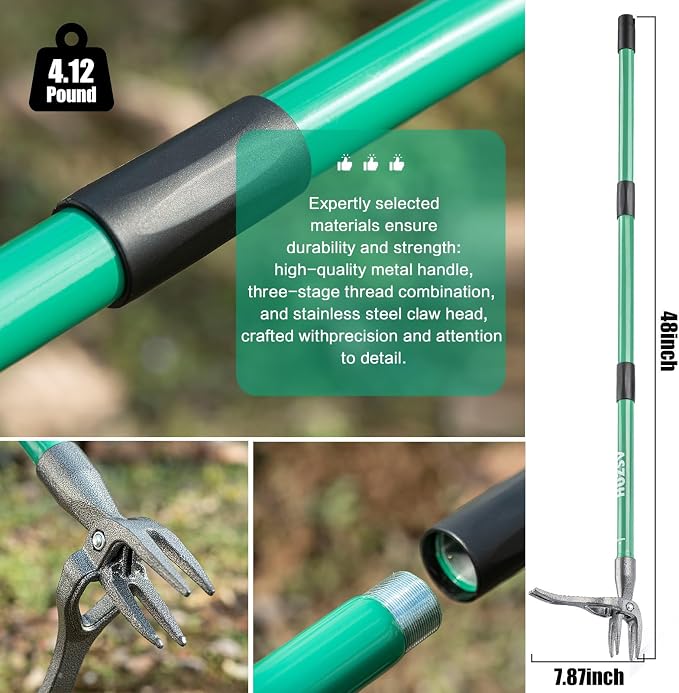 HUZSV Weed Puller Tool Gardening Hand Weeding Tool with Long Handle 4 Steel Claws and Collapsible Trash Can for Lawn and Garden,Easily Remove Weeds Without Bending, Pulling,or Kneeling