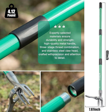 HUZSV Weed Puller Tool Gardening Hand Weeding Tool with Long Handle 4 Steel Claws and Collapsible Trash Can for Lawn and Garden,Easily Remove Weeds Without Bending, Pulling,or Kneeling