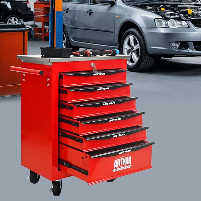 KEIKI 6 Drawers Tool Cart on Wheels,Multifunctional Rolling Tool Chest Tool Storage,Drawers Rolling Tool Trolley Organizer Tool Case for Garage, Warehouse, Workshop, Repair Shop (Red)