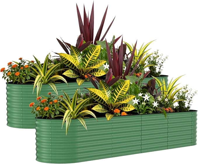 GarveeTech Oval Raised Garden Bed 8x4x2 ft - 0.6mm Thick Metal Raised Bed, Rust & Corrosion Resistant, Open Bottom for Drainage, Anti-Cut Strip Included, for Vegetables Flowers Planting, 2 PCS