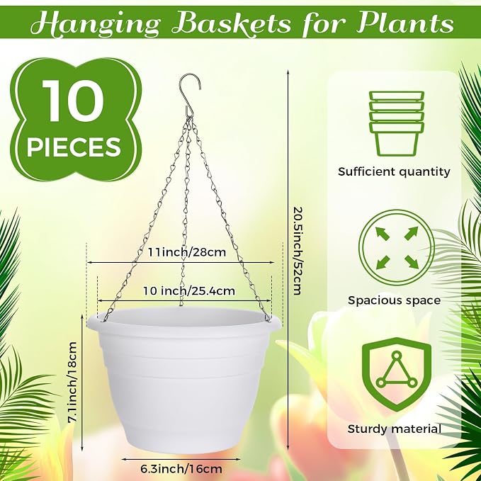 10 Pack 11 Inch Plastic Hanging Planter Bulk White Hanging Baskets for Plants with Drainage Trays Self Watering Plant Pot Outdoor Indoor Planter for Garden, Balcony, Porch, Patio Decor