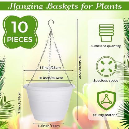 10 Pack 11 Inch Plastic Hanging Planter Bulk White Hanging Baskets for Plants with Drainage Trays Self Watering Plant Pot Outdoor Indoor Planter for Garden, Balcony, Porch, Patio Decor