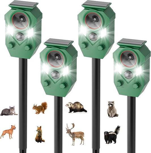 4-Pack Solar Powered Ultrasonic Animal Repeller, Outdoor Waterproof Deer Squirrel with Motion-Activated Sensor Strobe Light, for Cats, Raccoons, Skunks, Rabbits and More