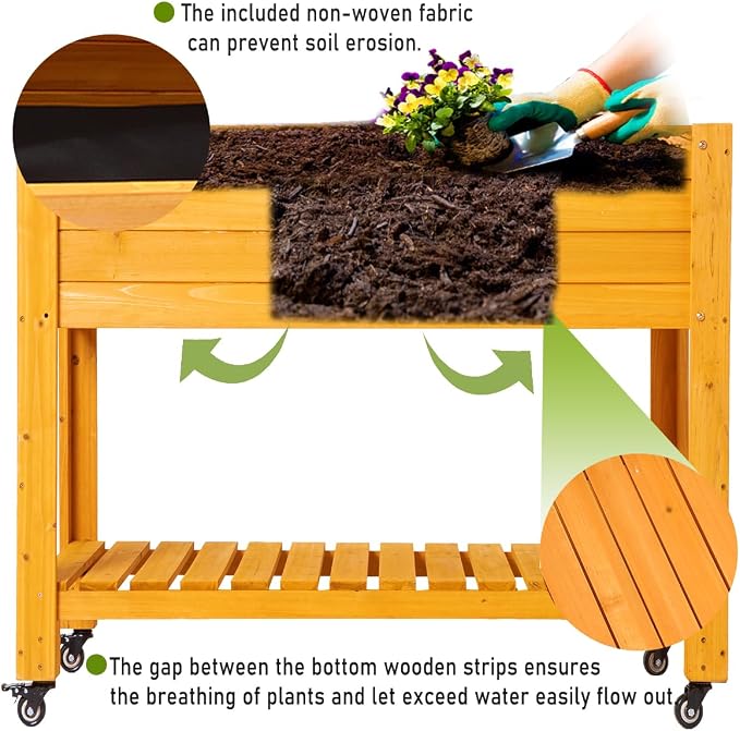 FORTUNO Raised Garden Bed with Wheels 48"x24"x33" Large Wood Planter Box with Legs Outdoor Mobile Wooden Elevated Raised Beds for Vegetable Flower, Standing Gardening Box with Liner for Patio, Deck